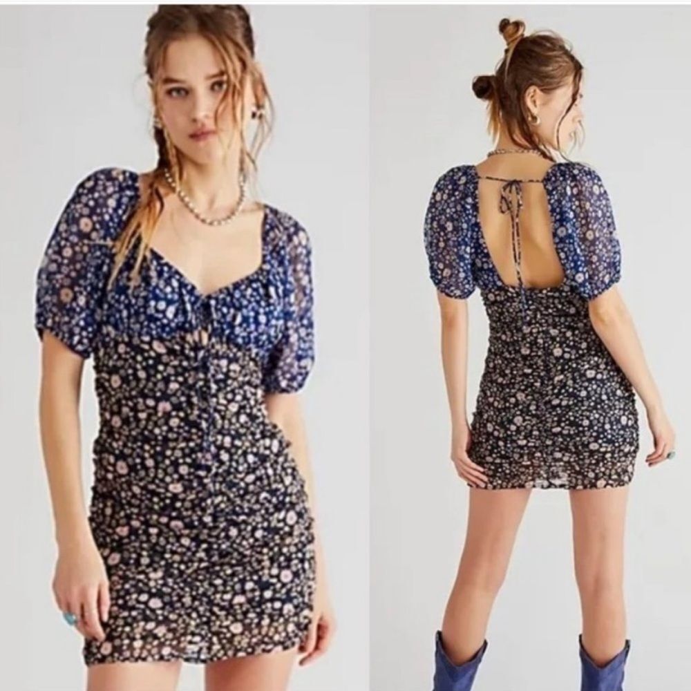 Free People Navy and Blue Floral Mini Dress XS